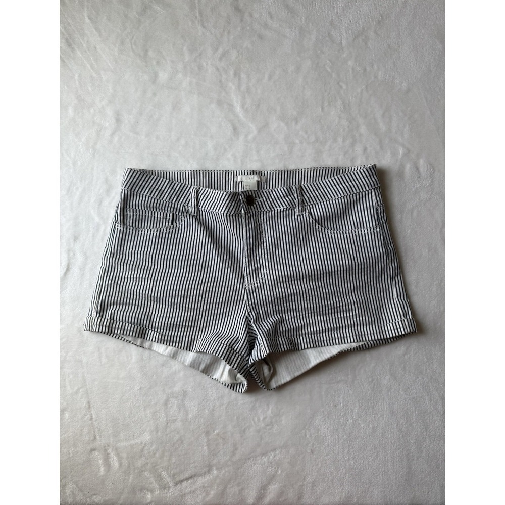 H&M Striped Jean Shorts in Black and White‎ - Size 10 Preppy Cotton Stretch